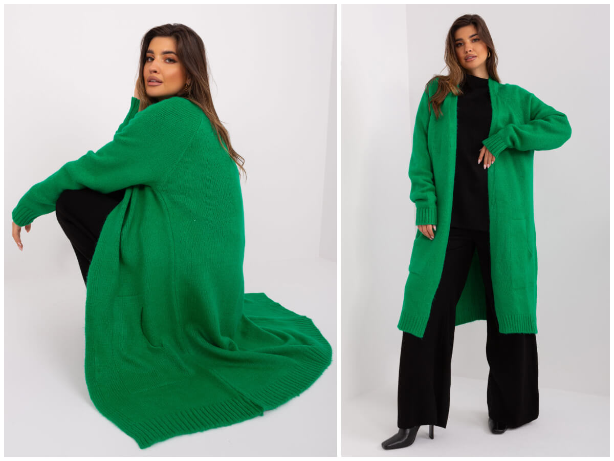 Women's green long cardigan with loose sleeves.